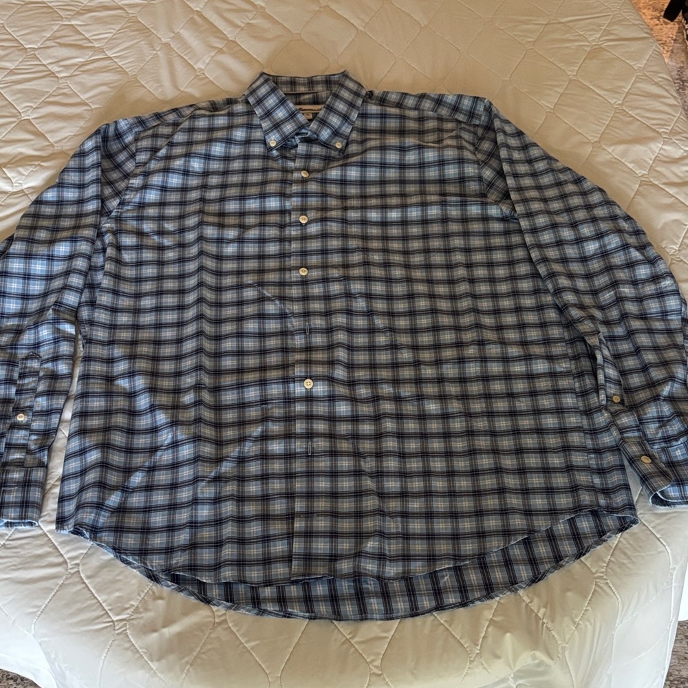 Peter Millar Button Down Navy, grey, light blue and white Checkered Shirt - XL